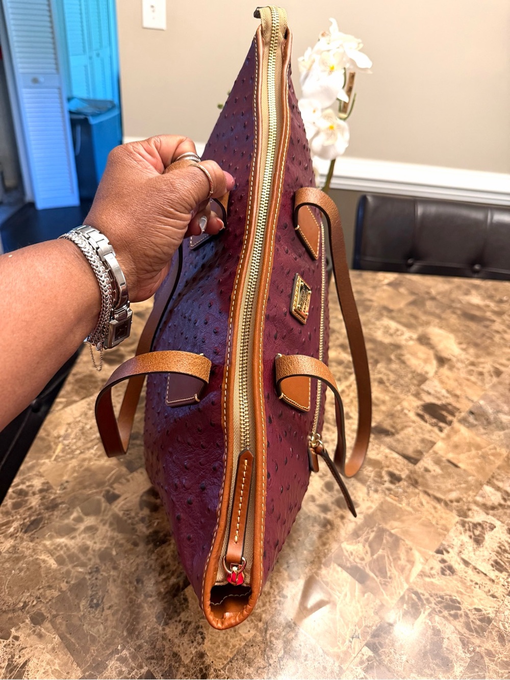 Dooney & Bourke Ostrich Large Tote in Burgundy - Picture 7 of 14